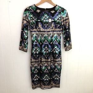 Boohoo Tall‎ Size 6 Black Colorful Aztec Southwest Design Sequined Dress Sheath
